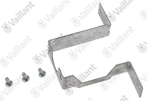 Halter aus Metall für Anschlussrohre, geeignet für Vaillant Brenner, zusammen mit drei Schrauben im Bild gezeigt.